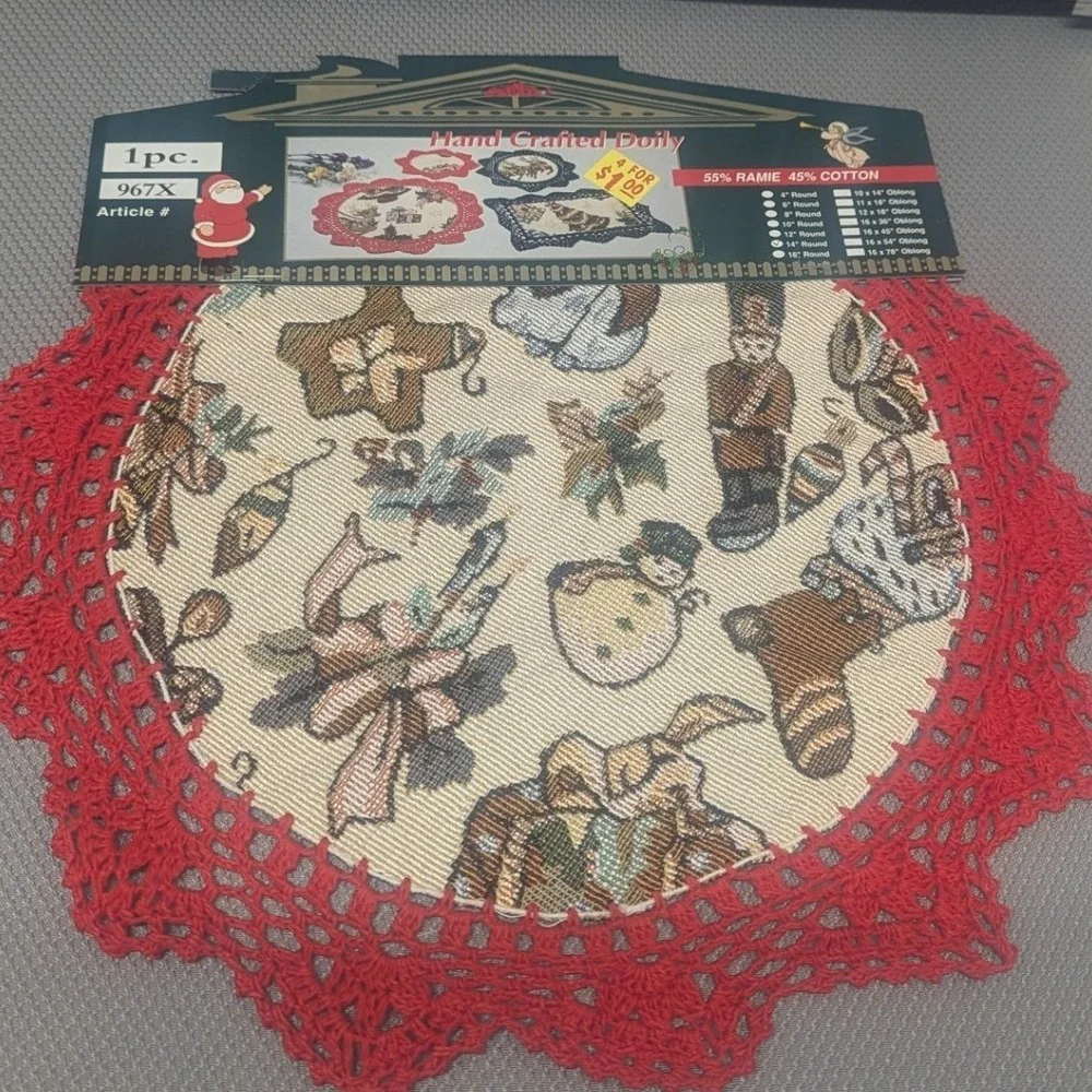 Set of 2 Vintage Christmas Tapestry Doilies Red Crochet Lace 14